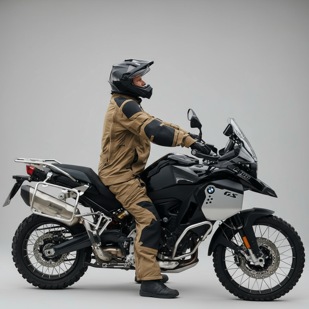 BMW GS adventure motorcycle rider in brown touring gear – lifestyle image for MUND CustomBikeParts