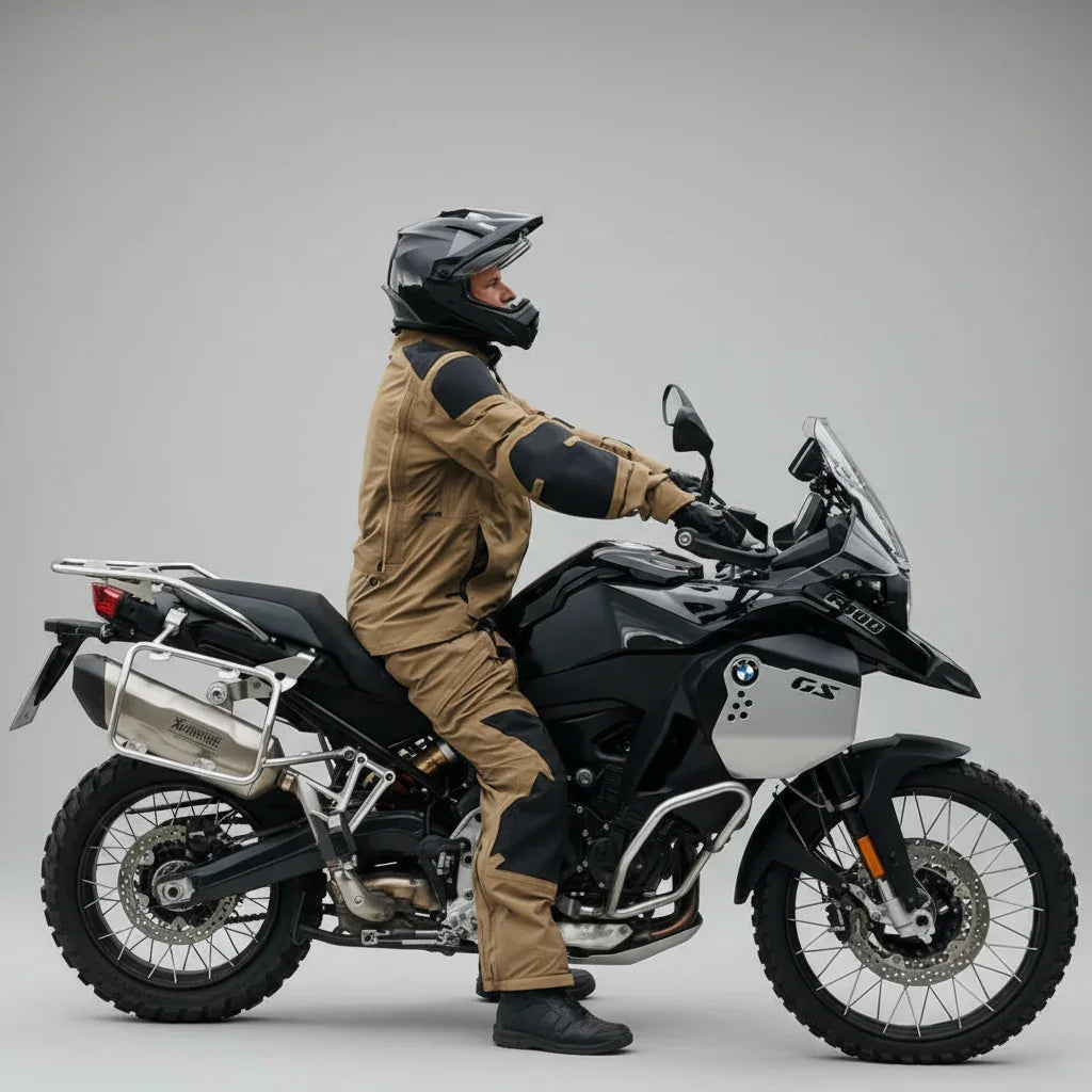 BMW GS adventure motorcycle rider in brown touring gear – lifestyle image for MUND CustomBikeParts