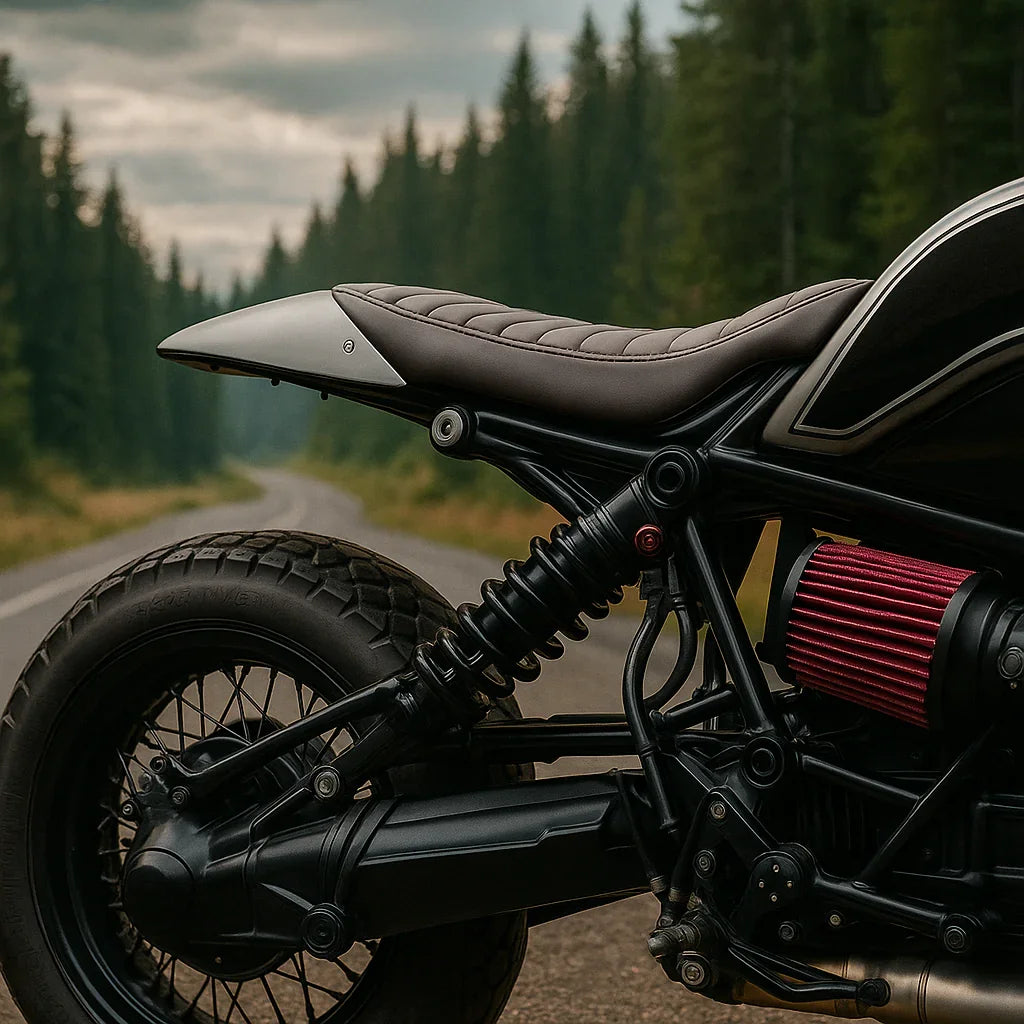 Custom motorcycle with red performance air filter parked on forest road – collection cover for MUND CustomBikeParts motorcycle air filters and intake upgrades