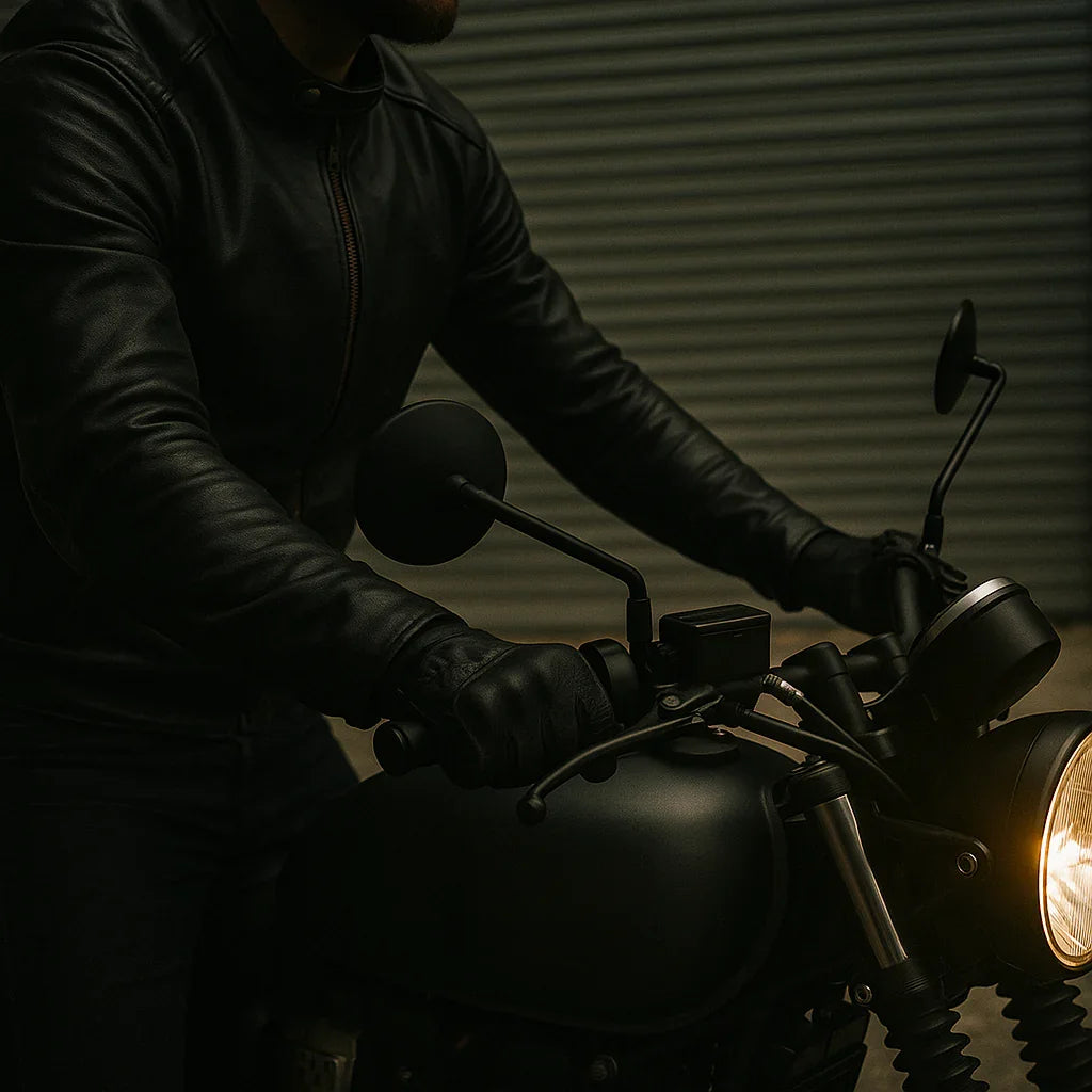 Rider gripping motorcycle handlebar with illuminated headlight in dim garage – collection cover for MUND CustomBikeParts handlebar grips, throttle assemblies, and control components