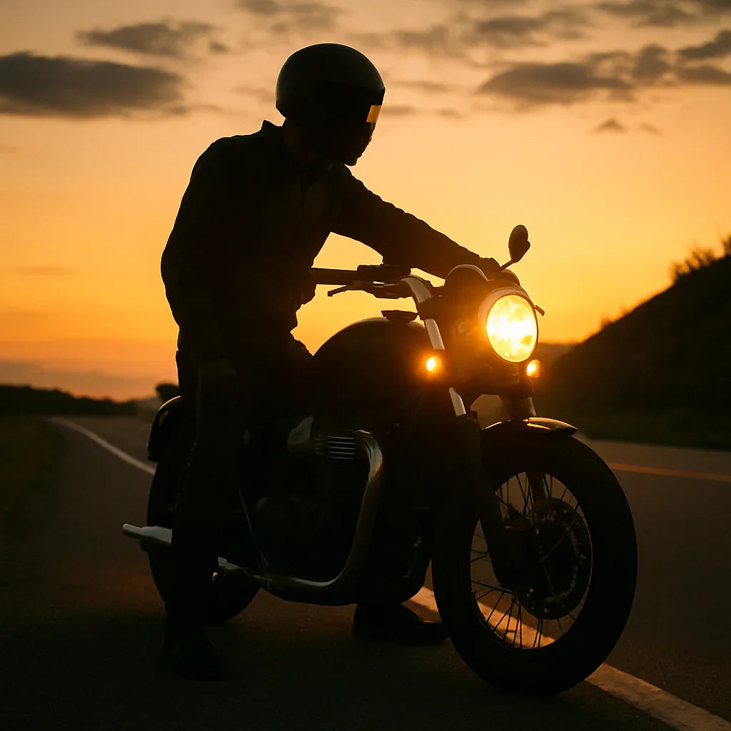 Motorcycle rider with headlight on during sunset ride – collection cover for MUND CustomBikeParts motorcycle lighting including headlights, tail lights, and turn signals
