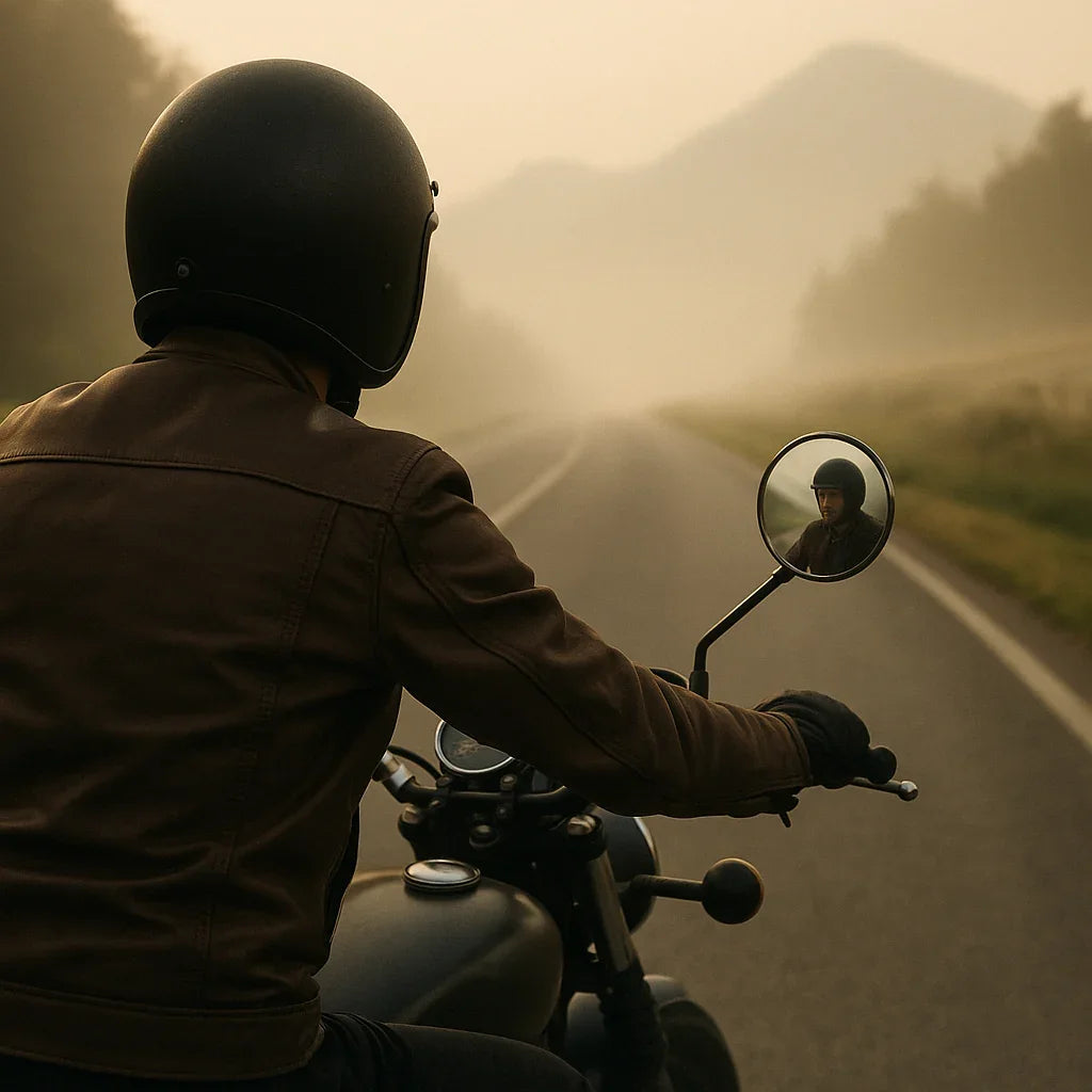 Rider on motorcycle with round rearview mirrors under soft morning light – collection cover for MUND CustomBikeParts motorcycle mirrors designed for clean lines and clear views