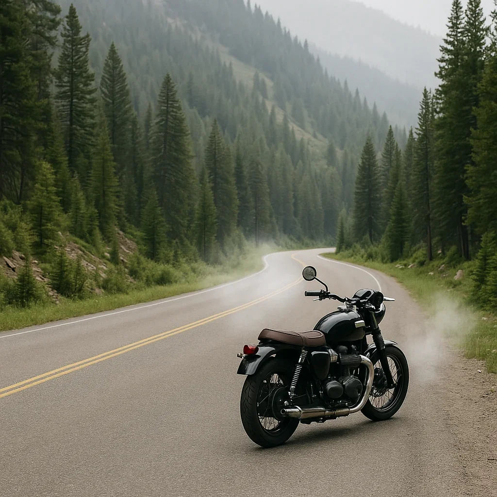 Motorcycle with matte black exhaust riding through forest mountain road – collection cover for MUND CustomBikeParts silencers and exhaust systems for classic and modern bikes