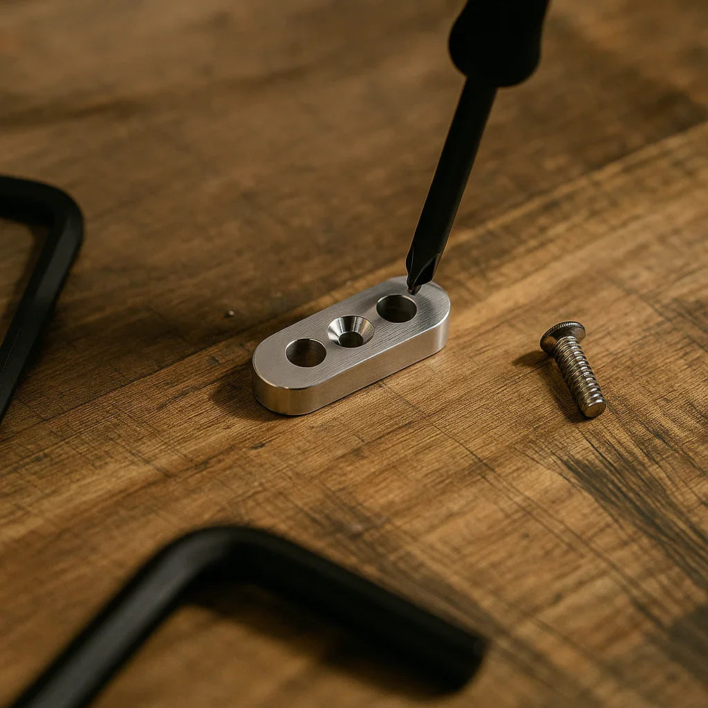 Motorcycle mounting bracket and hex key on wooden workbench – collection cover for MUND CustomBikeParts fixtures, brackets, and small hardware details