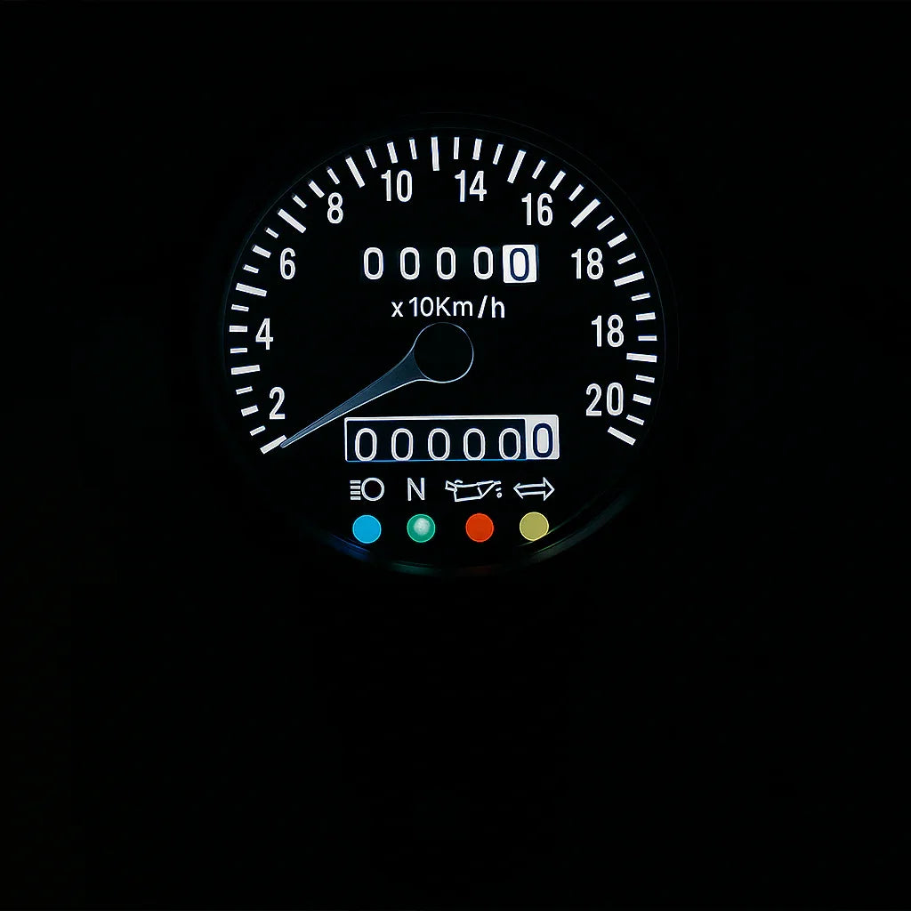 Minimalist motorcycle speedometer illuminated at night – collection cover for MUND CustomBikeParts gauges and instruments for classic and custom bikes