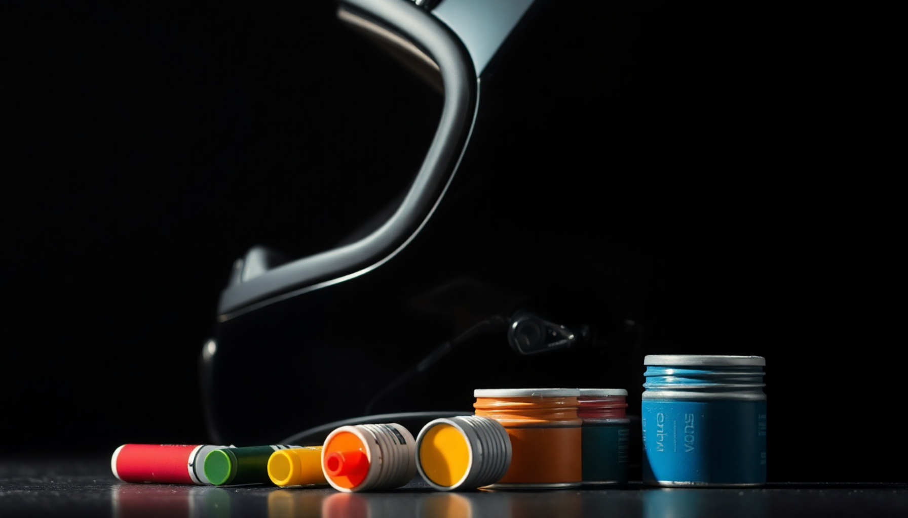 Motorcycle helmets with custom paint colors and spray tools on black background – artistic collection cover for MUND CustomBikeParts