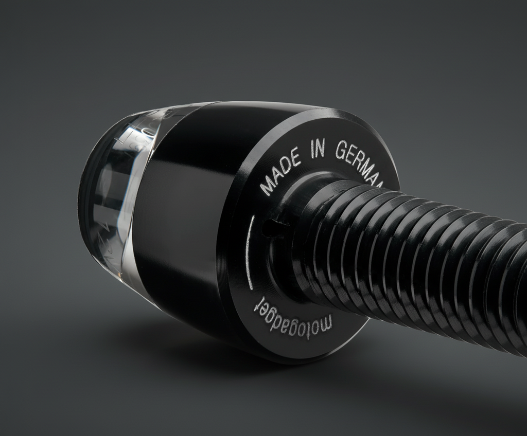 Side angle of mo.blaze pin in operation — balanced beam pattern offering maximum visibility from all angles.