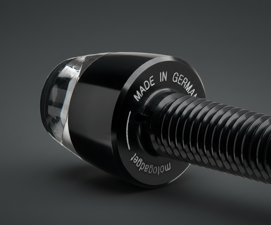 Side angle of mo.blaze pin in operation — balanced beam pattern offering maximum visibility from all angles.