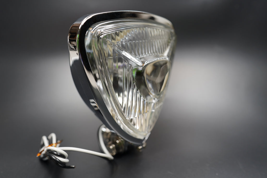 Retro Triangle Motorcycle Headlight – Clear / Amber Lens