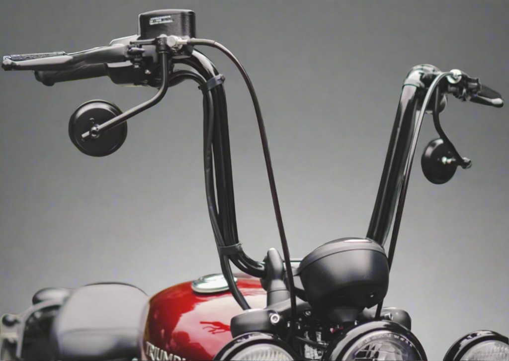 Full view of ape hanger handlebar with high-rise design