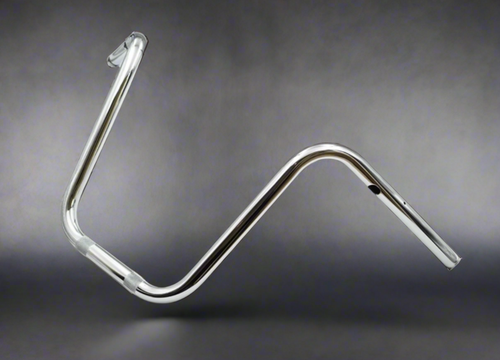 Close-up of knurled clamp area on high-rise chrome ape hanger handlebar