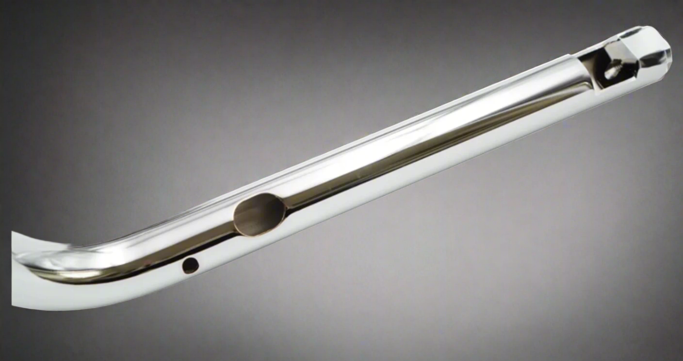 Close-up of internal wiring holes on chrome handlebar 