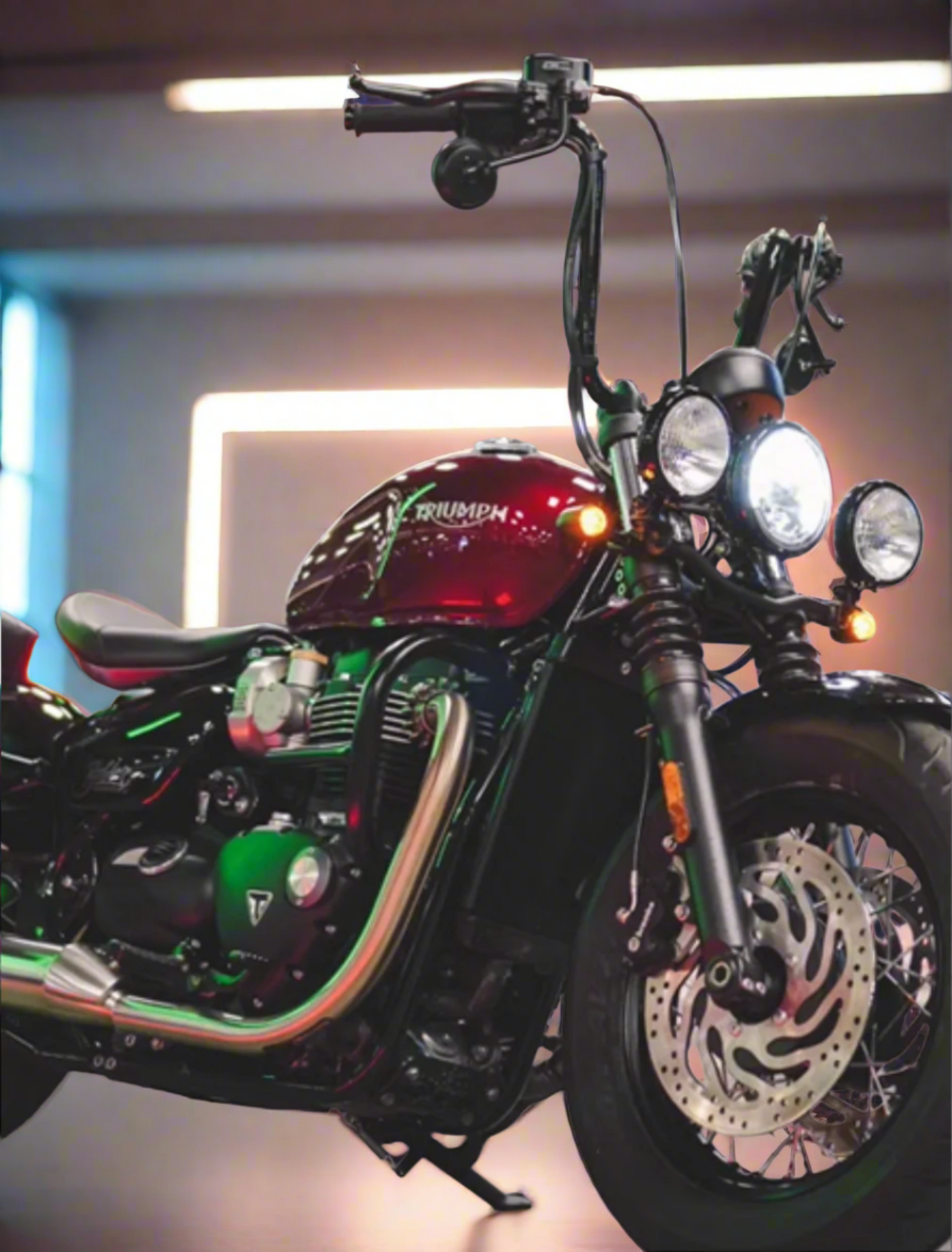 Installed Ape Hanger handlebar on Triumph Bobber in matte red finish