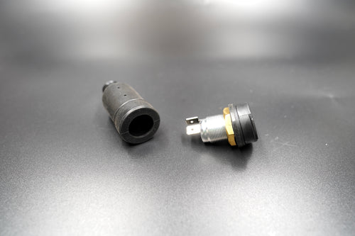 Power socket with threaded nut and waterproof cap shown separately 