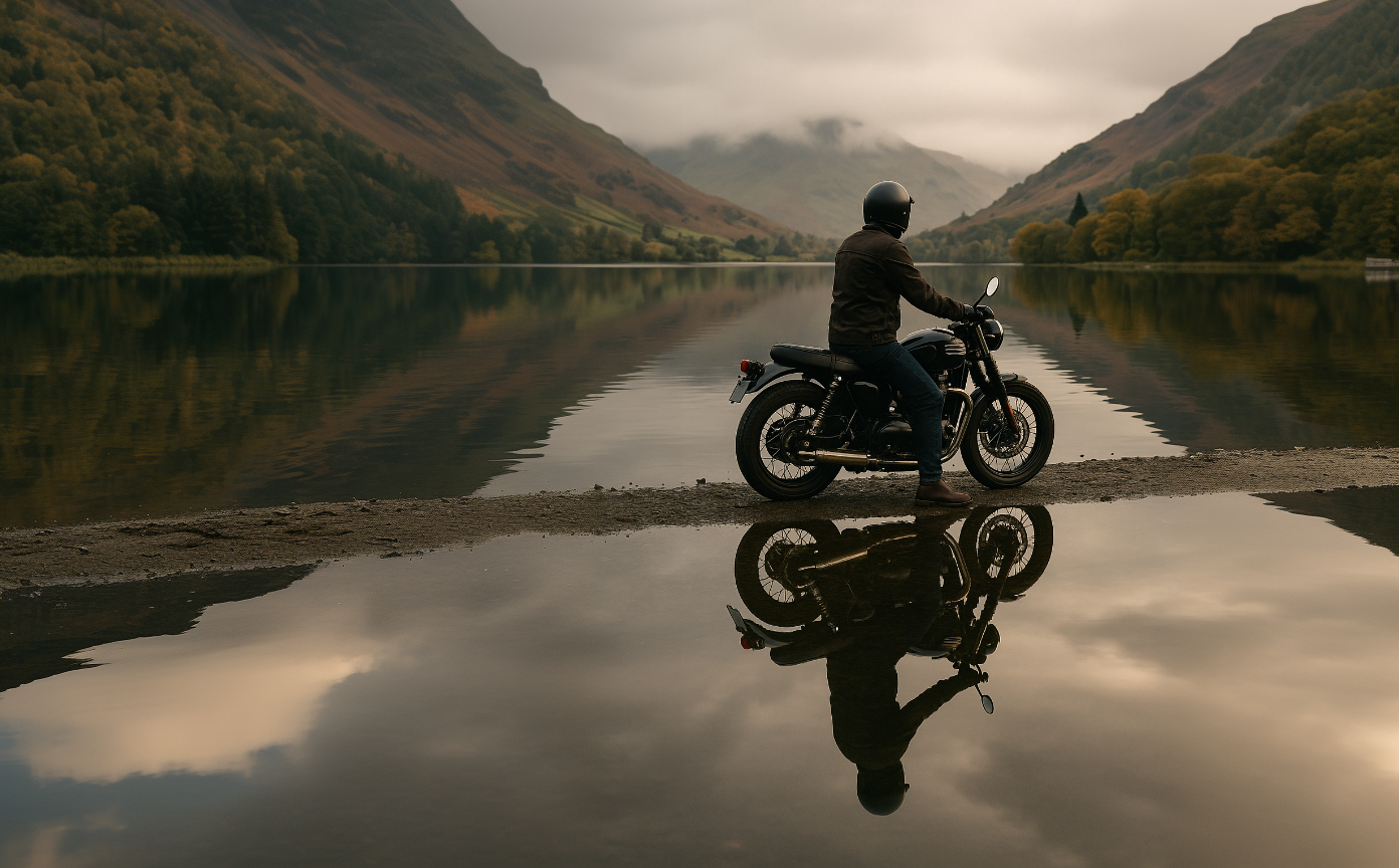 Rider on a classic motorcycle paused beside a still lake surrounded by mountains – hero banner for MUND CustomBikeParts, reflecting the brand’s calm, introspective spirit and connection between machine and nature
