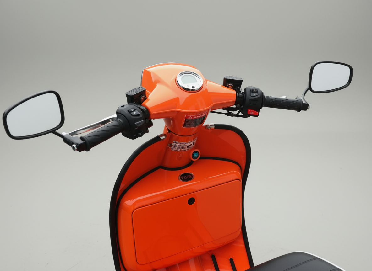 Mirror mounted on orange café racer — highlighting modern craftsmanship meets vintage attitude.