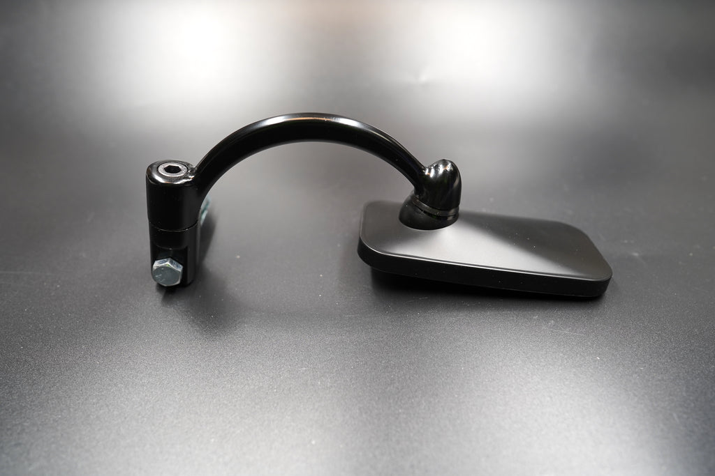 Pair of bar-end mirrors displayed together — contrasting matte black and polished versions side by side.