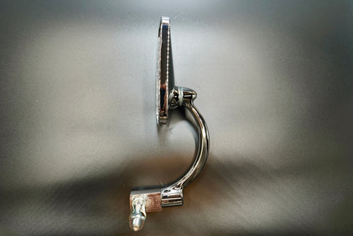 Side profile of universal bar-end motorcycle mirror — smooth aluminium stem and brushed metal surface.
