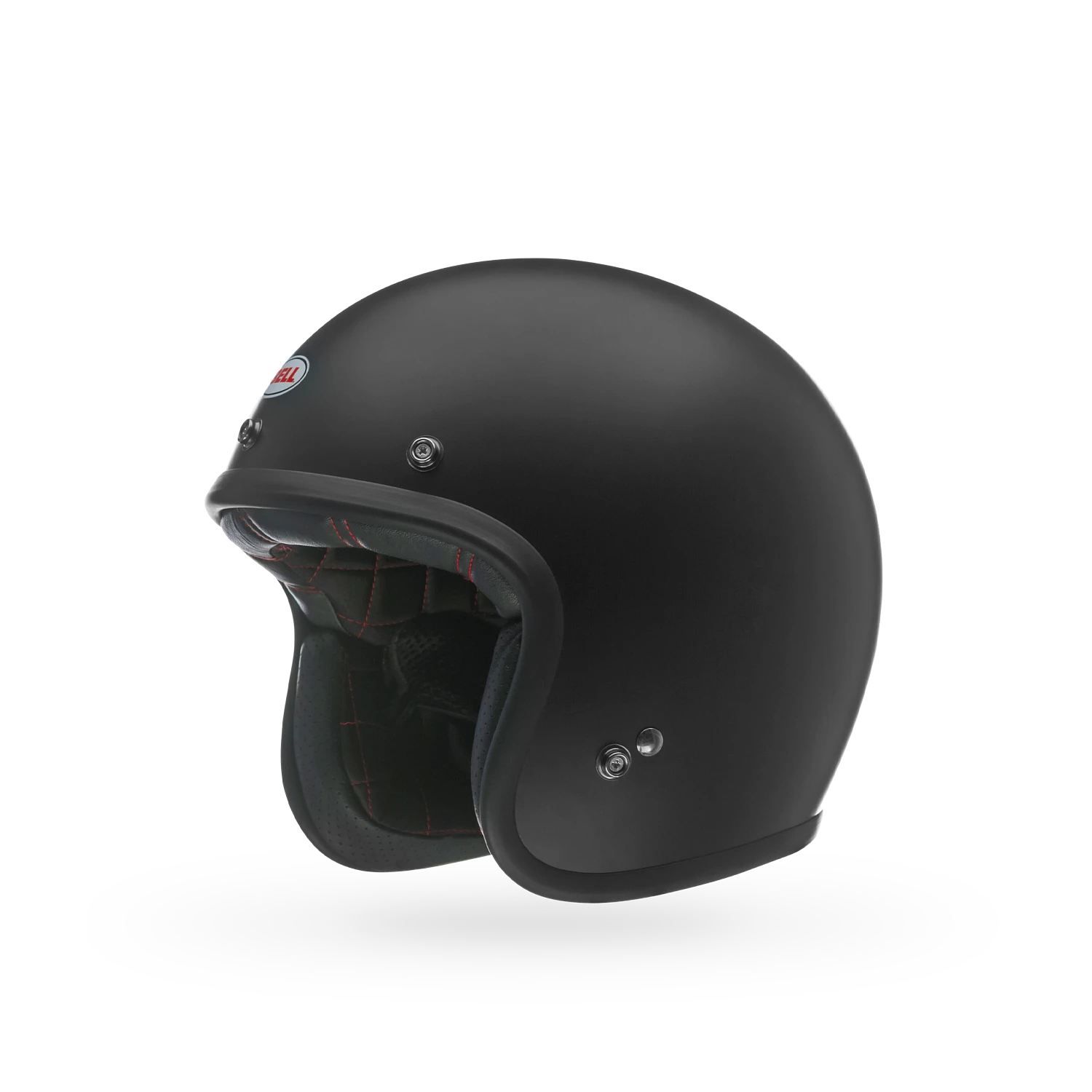 Close-up of Bell Custom 500 matte black helmet interior — padded liner and precision stitching for comfort.