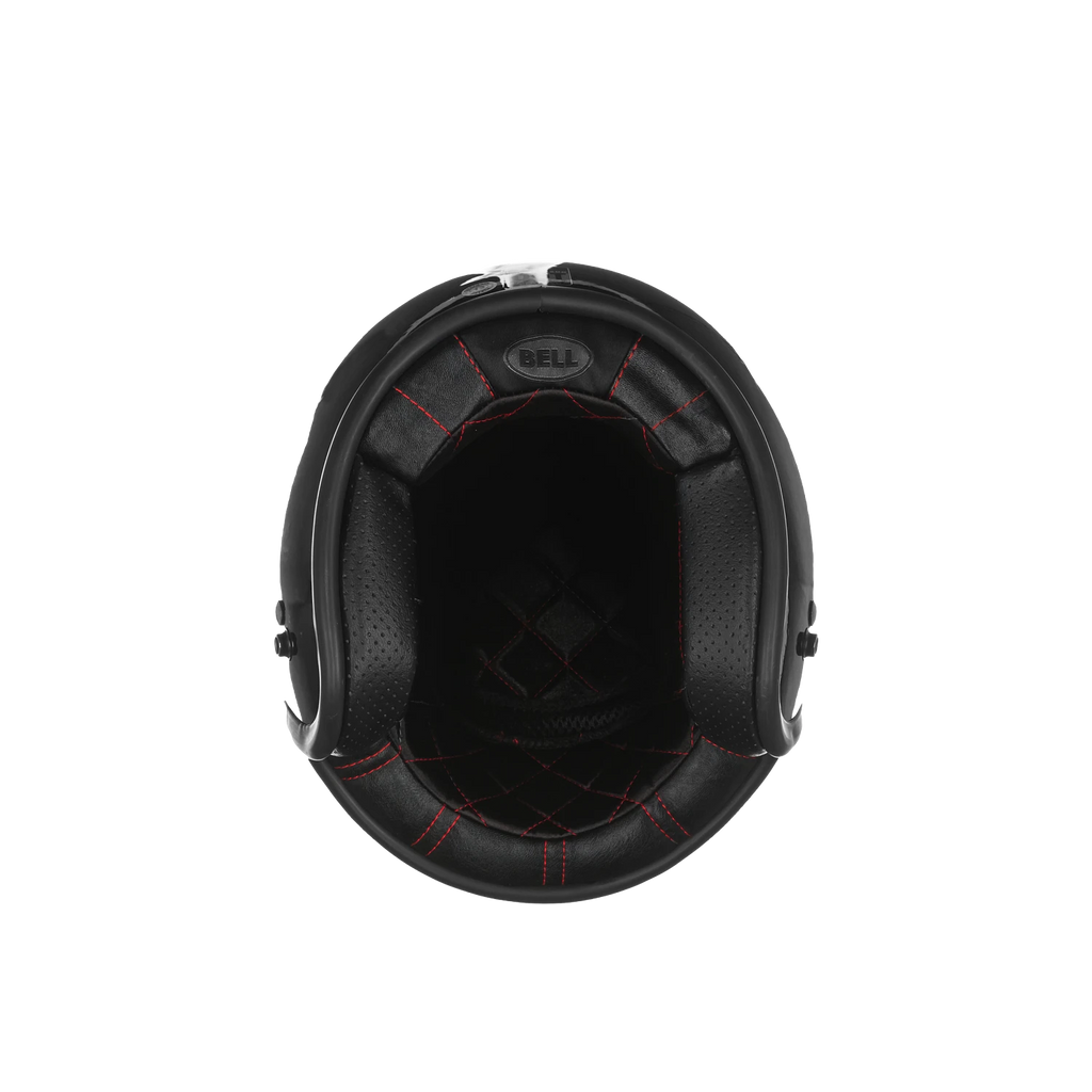 Bottom view of Bell Custom 500 open-face helmet showing interior padding and reinforced chin edge.