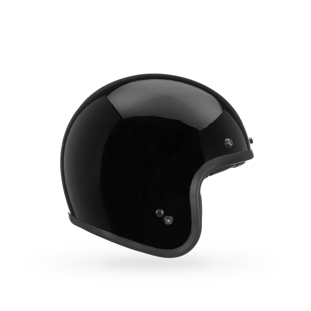 Front angled view of Bell Custom 500 Open-Face Helmet — classic black finish with fiberglass shell and minimalist lines.