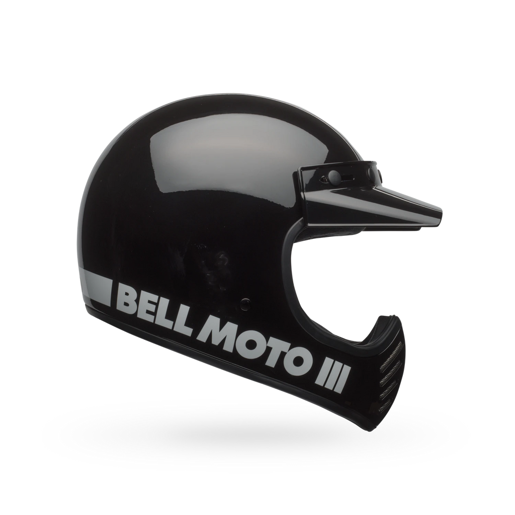 Front angled view of Bell Moto-3 Helmet — classic black finish with extended chin bar and retro motocross profile.