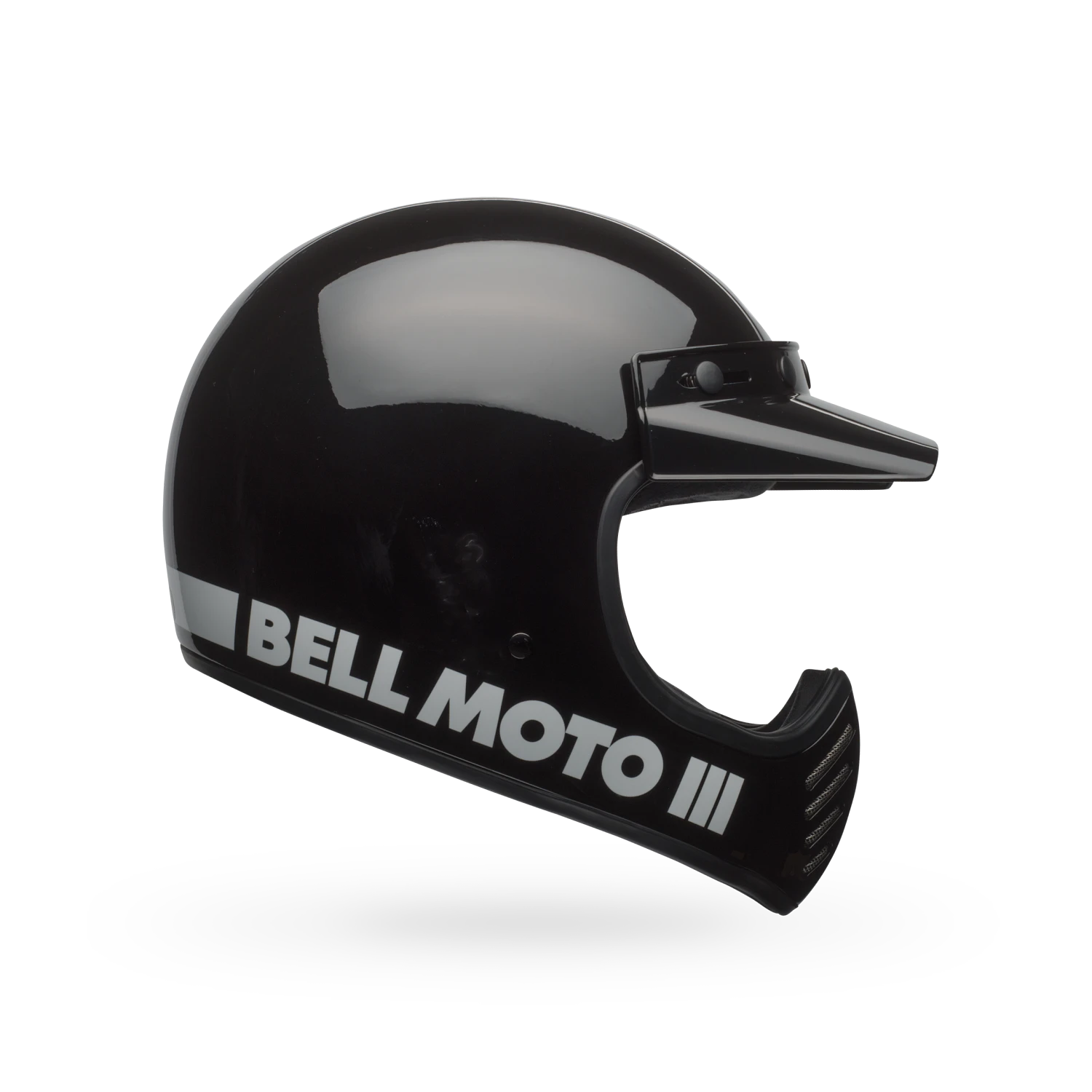 Front angled view of Bell Moto-3 Helmet — classic black finish with extended chin bar and retro motocross profile.