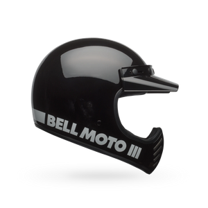 Front angled view of Bell Moto-3 Helmet — classic black finish with extended chin bar and retro motocross profile.
