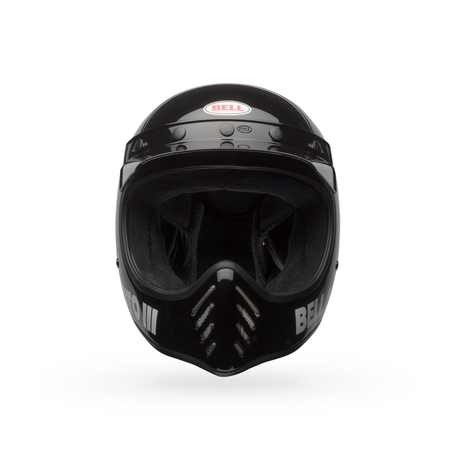 Front view of Bell Moto-3 Helmet — open-face motocross design with EPS-lined chin bar and terrycloth liner.