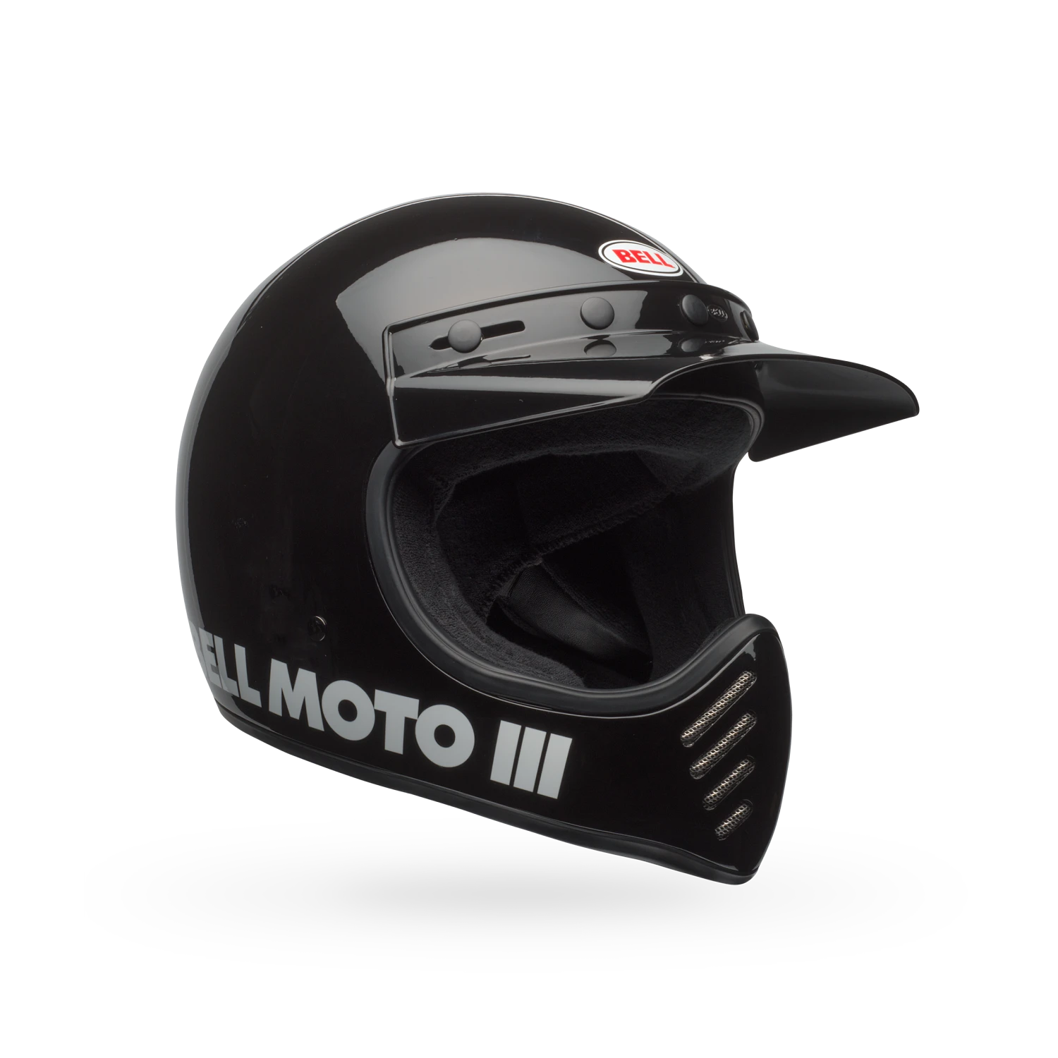 Left side view of Bell Moto-3 Helmet showing fiberglass composite shell and Bell Moto III logo.