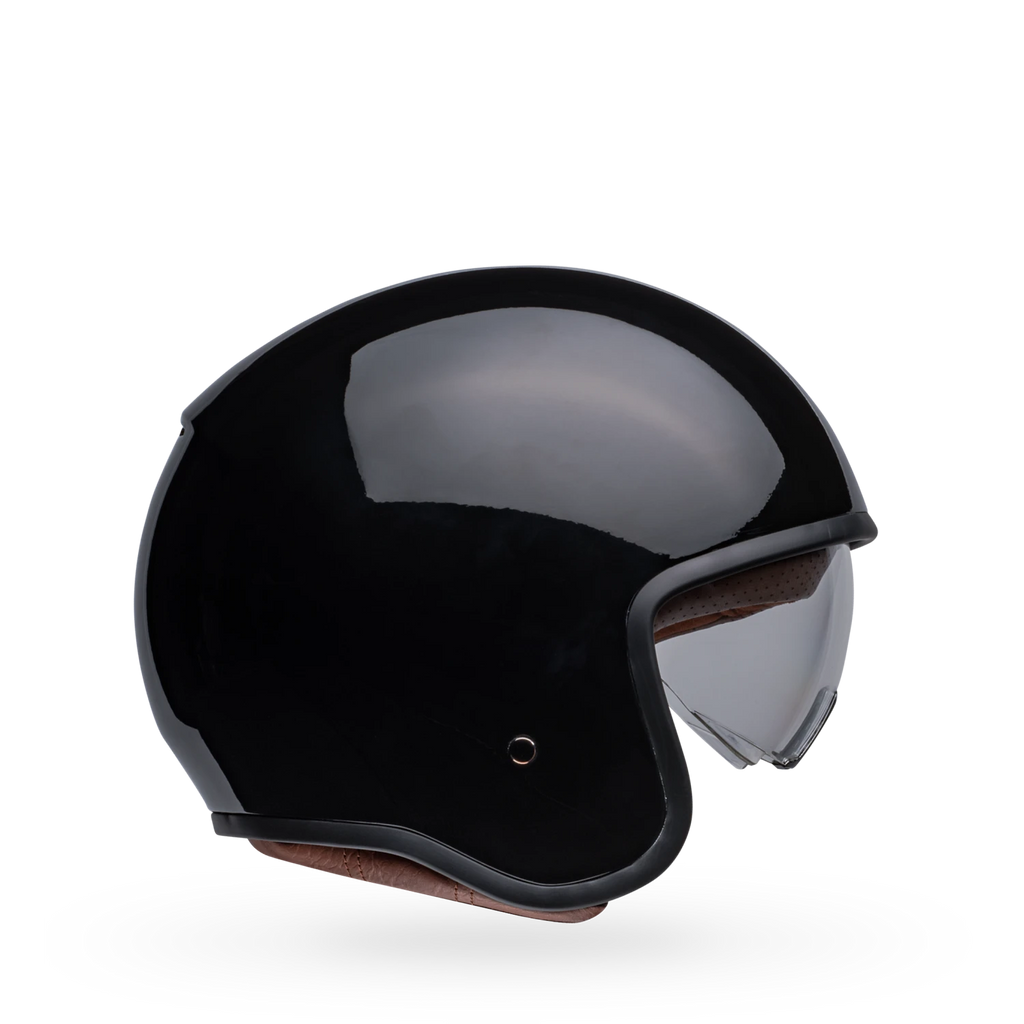 Black motorcycle helmet with a clear visor on 