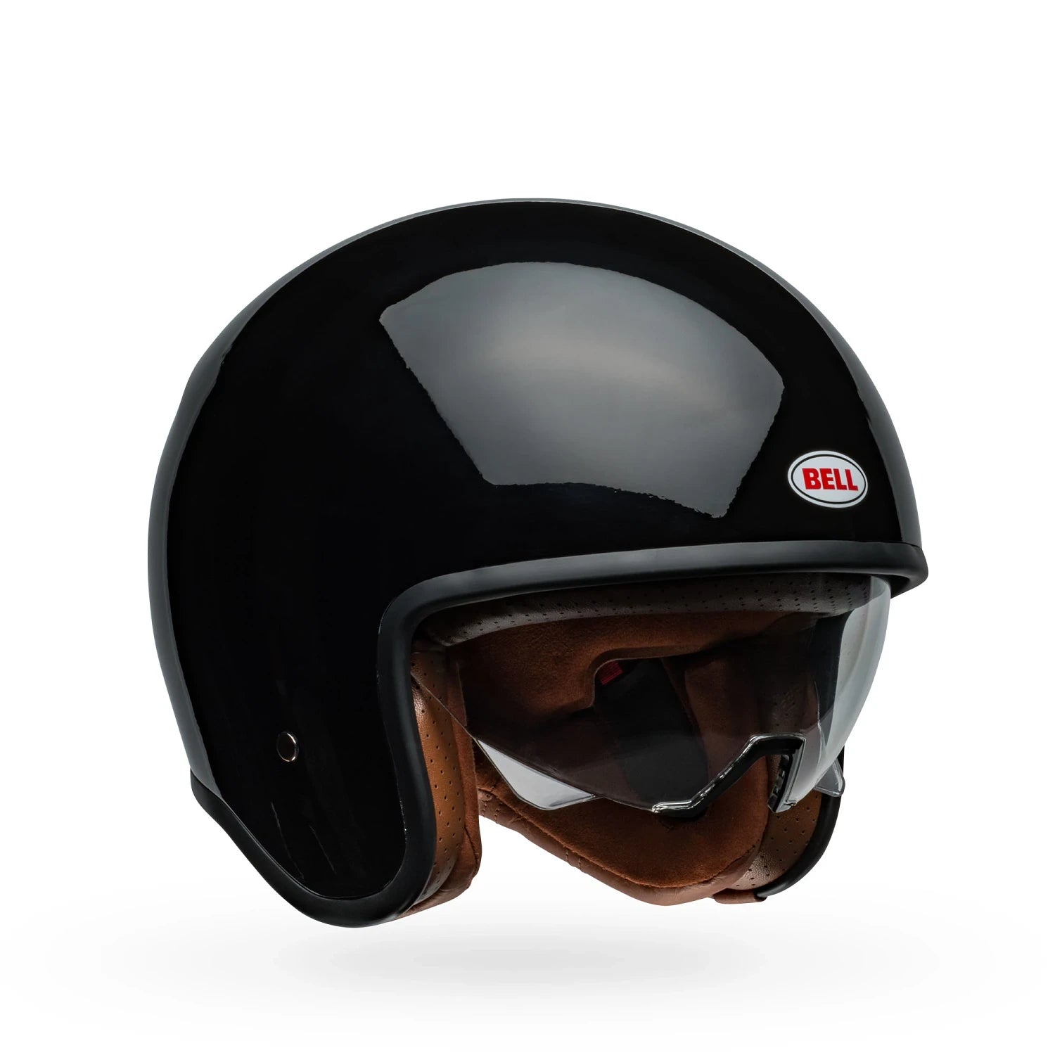 Bell TX501 open face helmet front view — classic black finish with brown leather interior, showcasing Bell’s vintage-inspired design.