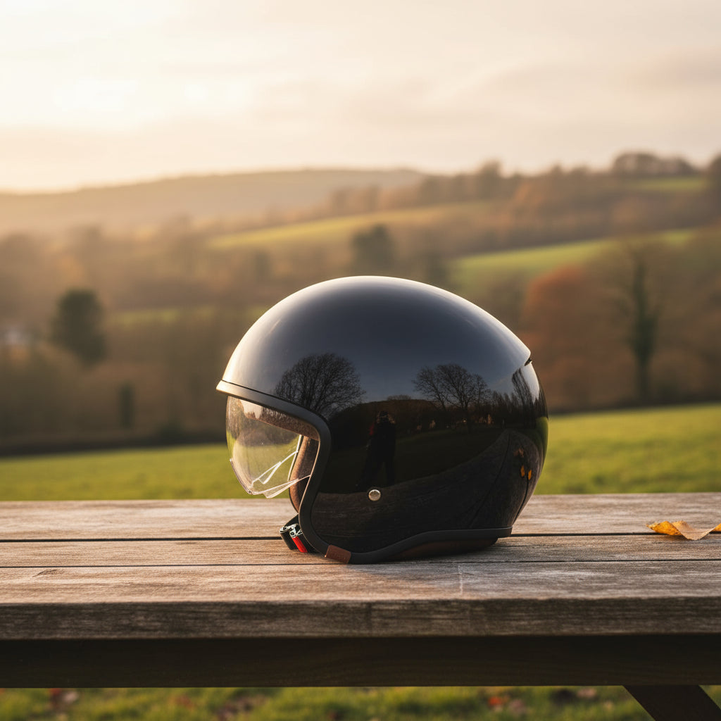 Bell TX501 open face motorcycle helmet photographed outdoors at sunset, highlighting timeless design and modern craftsmanship.
