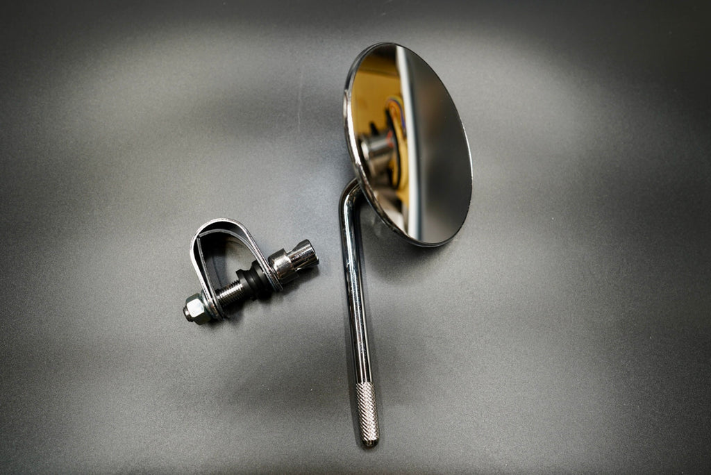 Front angled view of classic clamp-on motorcycle mirror in silver finish — minimalist and vintage-inspired design.