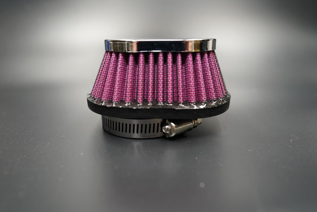 Retro-style oval pleated pod air filter with chrome top and cotton-gauze media, front view.