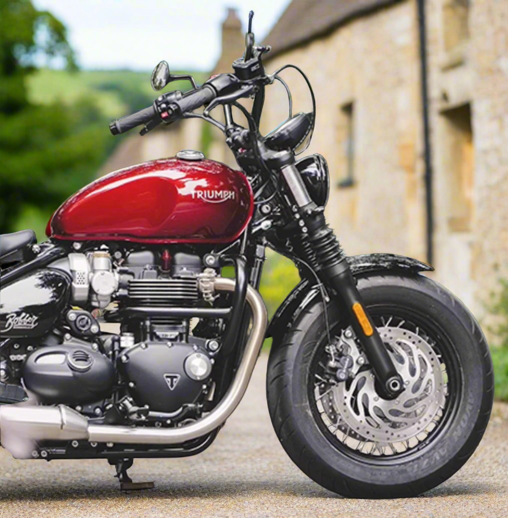  Installed view of gloss black Flow Handlebar on Triumph Bobber 
