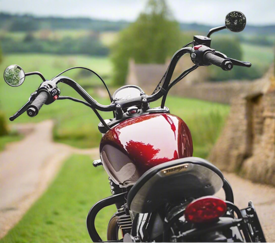 Rear-side view of Triumph motorcycle showing handlebar height