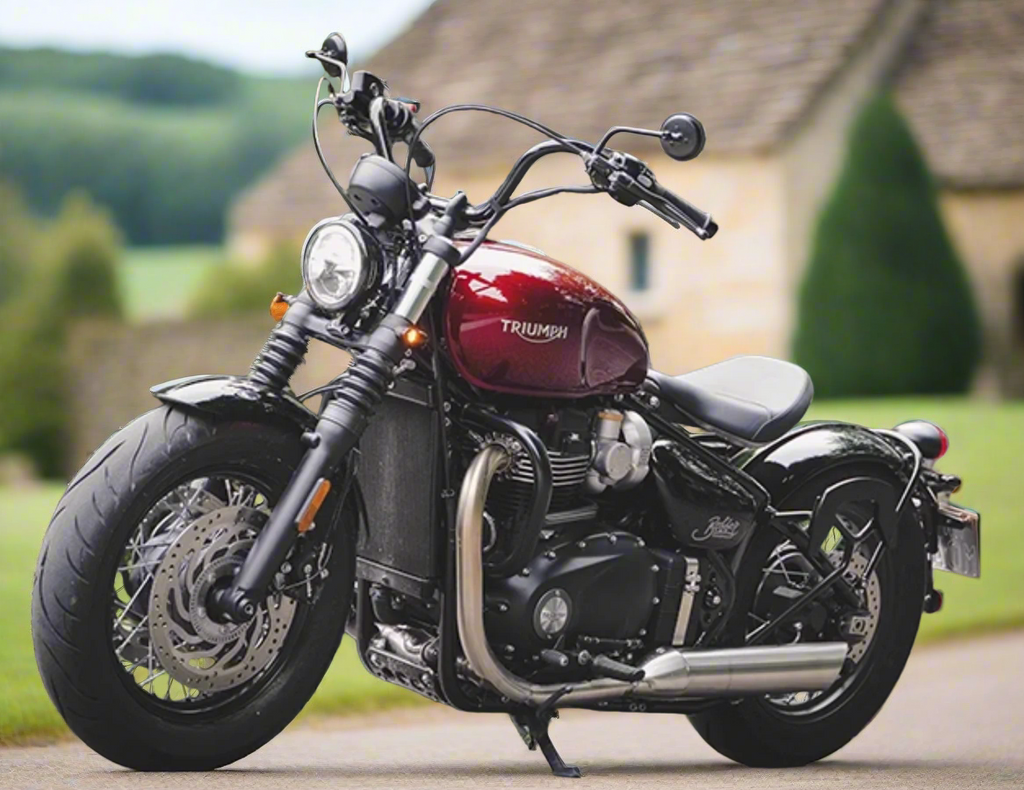Gloss black handlebar shown on red Triumph in countryside