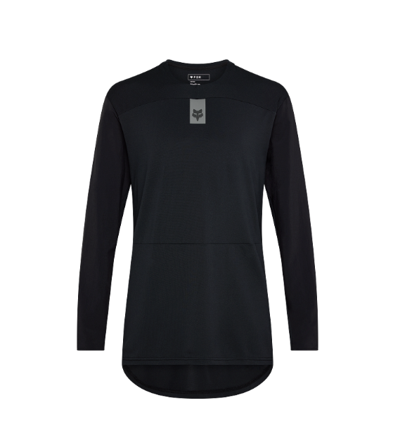 Front view of Fox Defend Offroad Jersey in all black — TruDri fabric with stretch-woven sleeves and bonded collar.