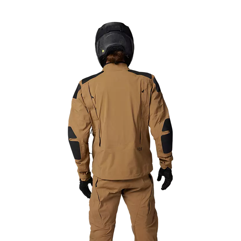 Full-body shot of Fox Recon GORE-TEX ADV Jacket and pants set, showing ergonomic fit and muted tan colorway.