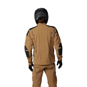 Full-body shot of Fox Recon GORE-TEX ADV Jacket and pants set, showing ergonomic fit and muted tan colorway.