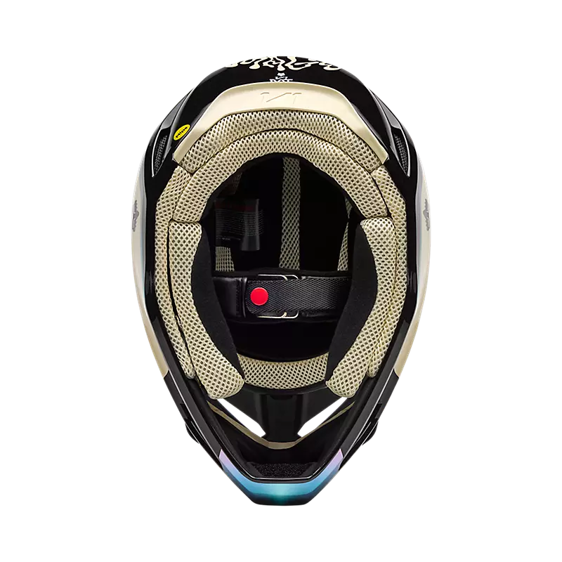 Close-up of FOX V1 Hello Future Helmet chin vent and breathable front grille for optimized airflow.