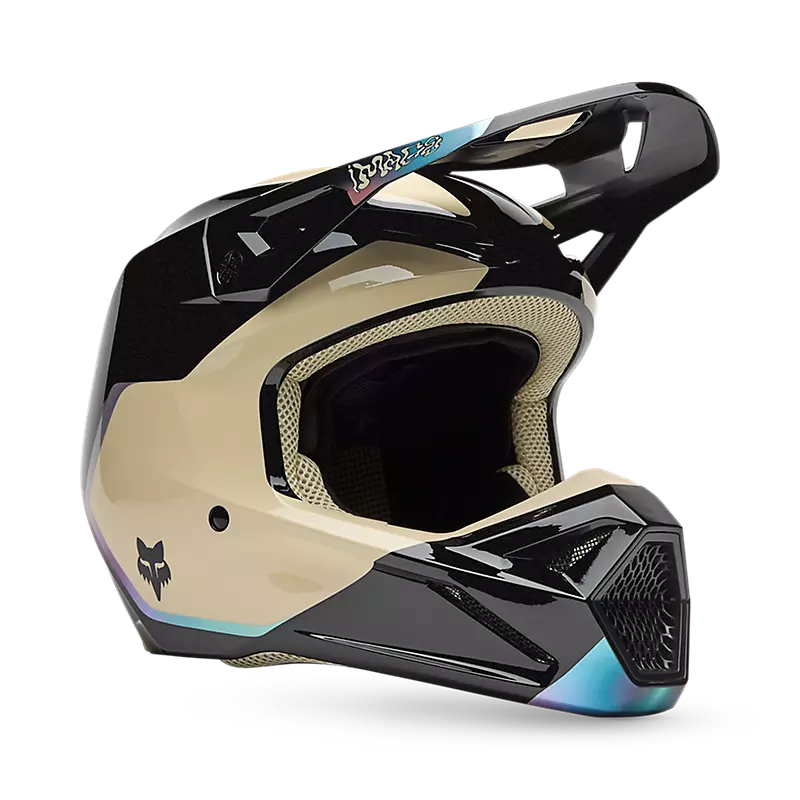 Front angled view of FOX V1 Hello Future Helmet — dual-tone beige and black design with Mips protection system.