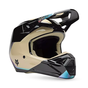 Front angled view of FOX V1 Hello Future Helmet — dual-tone beige and black design with Mips protection system.