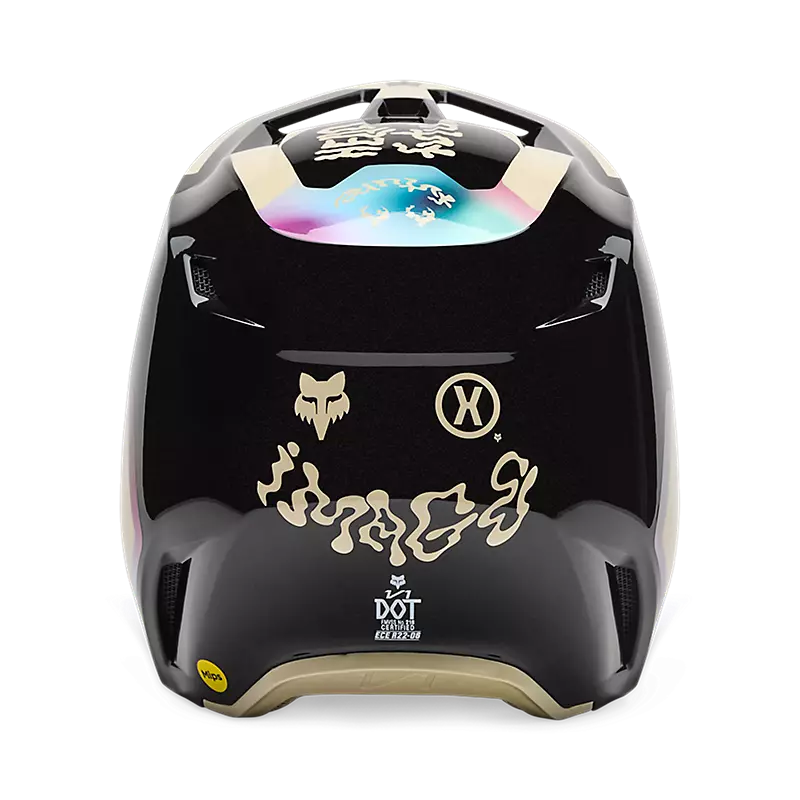 Rear view of FOX V1 Hello Future Helmet featuring signature Hello Future graphics and rear exhaust vents.