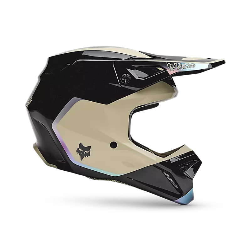 Left side view of FOX V1 Hello Future Helmet showing aerodynamic visor and durable ABS shell.