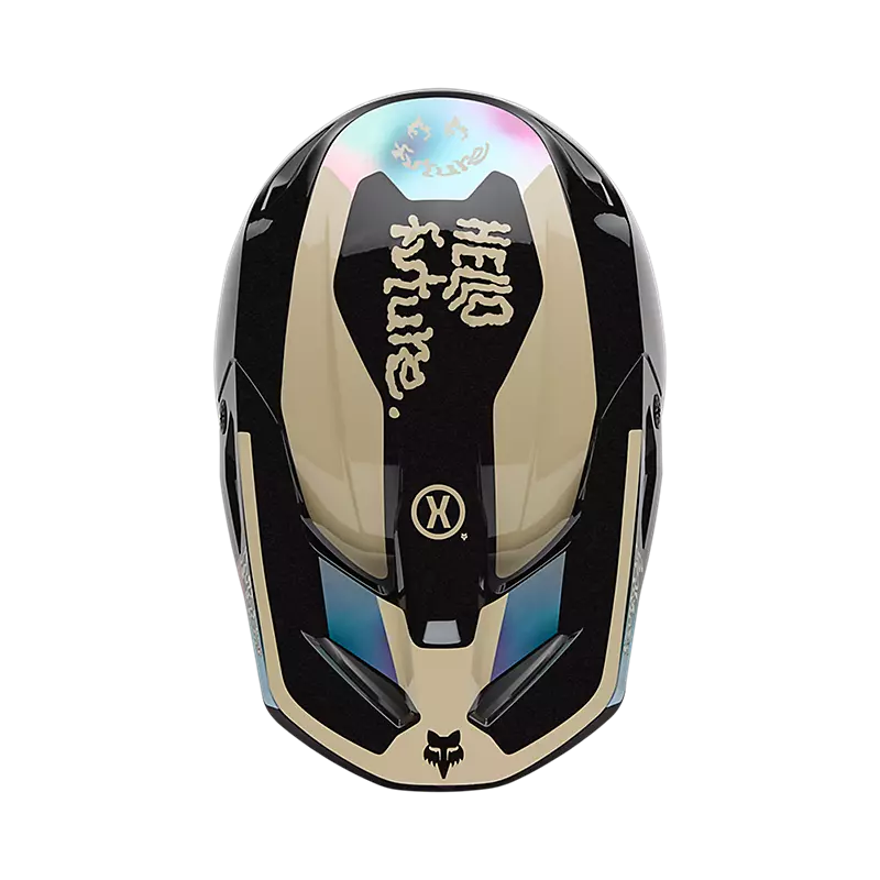 Top view of FOX V1 Hello Future Helmet highlighting split-tone graphics and airflow channels.
