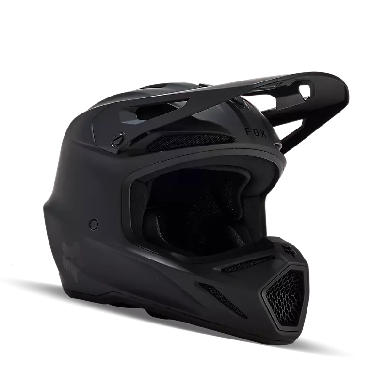 Angled front view of Fox V3 Revise Helmet — sharp lines, integrated visor, and performance-focused construction.