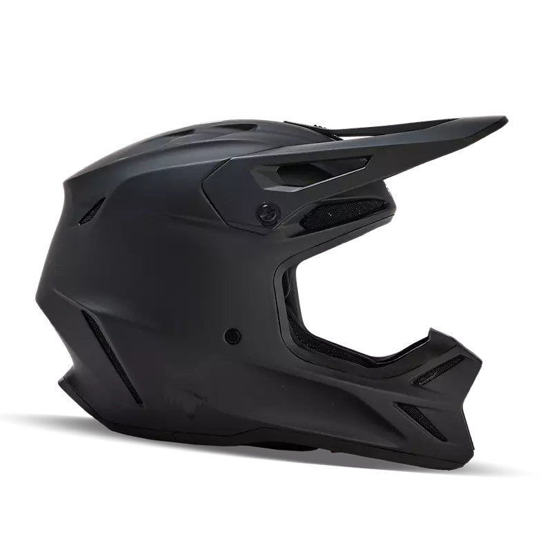Side view of Fox V3 Revise Helmet in matte black — lightweight fiberglass shell with aerodynamic design for motocross.