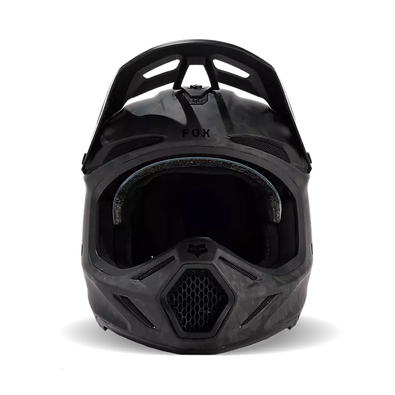 Front view of Fox V3 RS Carbon Helmet — high-performance carbon design with integrated ventilation system.
